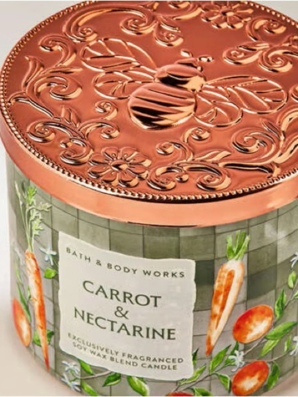 NEW! Bath & Body Works Carrot & Nectarine 3-Wick Candle w Decorative Metal Lid